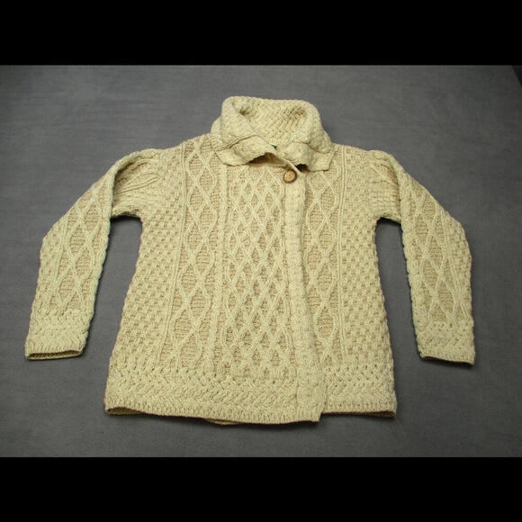 Carraigdonn Merino Wool Cardigan Sweater Large Chunky Cable Knit Cream Ireland - Picture 1 of 9
